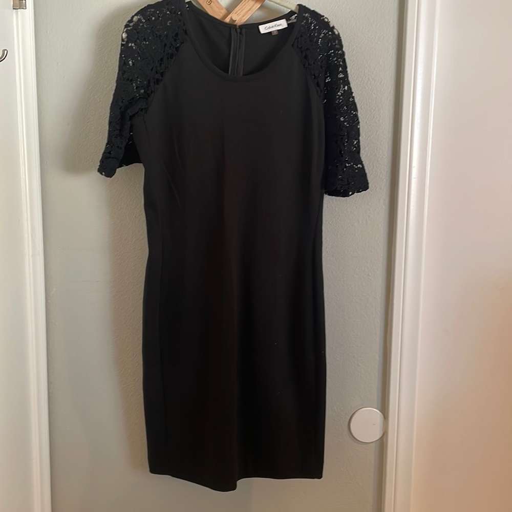 Calvin Klein LBD dress with lace sleeve detail